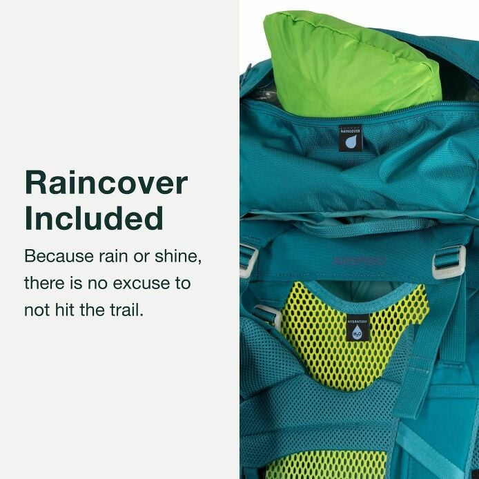 Teal and green backpack with raincover included, featuring text about rain protection.