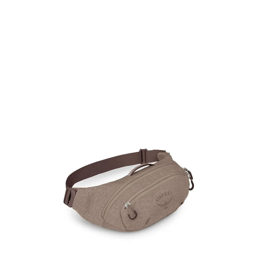Brown waist pack with adjustable strap and front zip pocket, compact sling