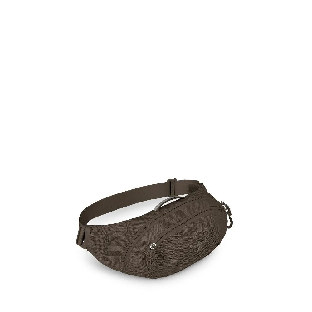 Dark brown waist pack with adjustable strap and front zip pocket, compact sling