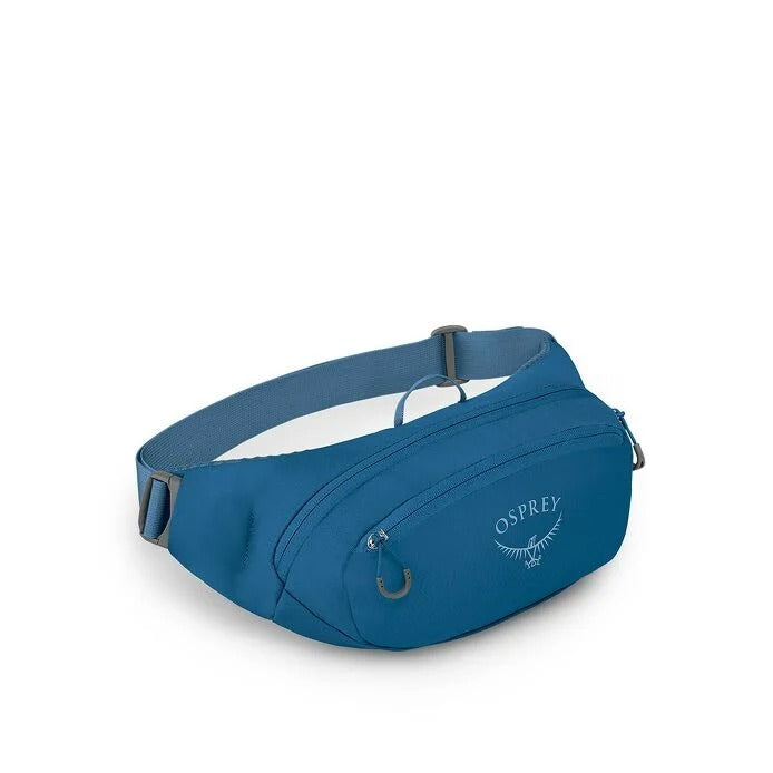 Blue waist pack with adjustable strap and front zip pocket, compact sling