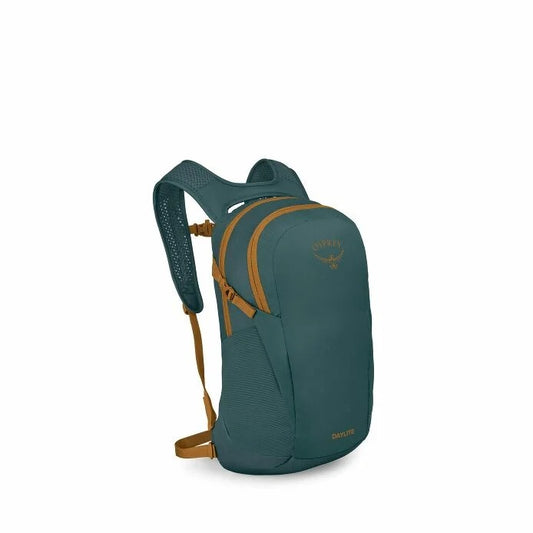 Daylite® daypack, deep green with tan trim and side profile with shoulder strap