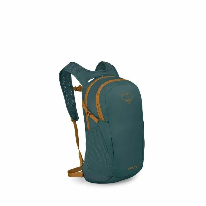 Daylite® daypack, deep green with tan trim and side profile with shoulder strap