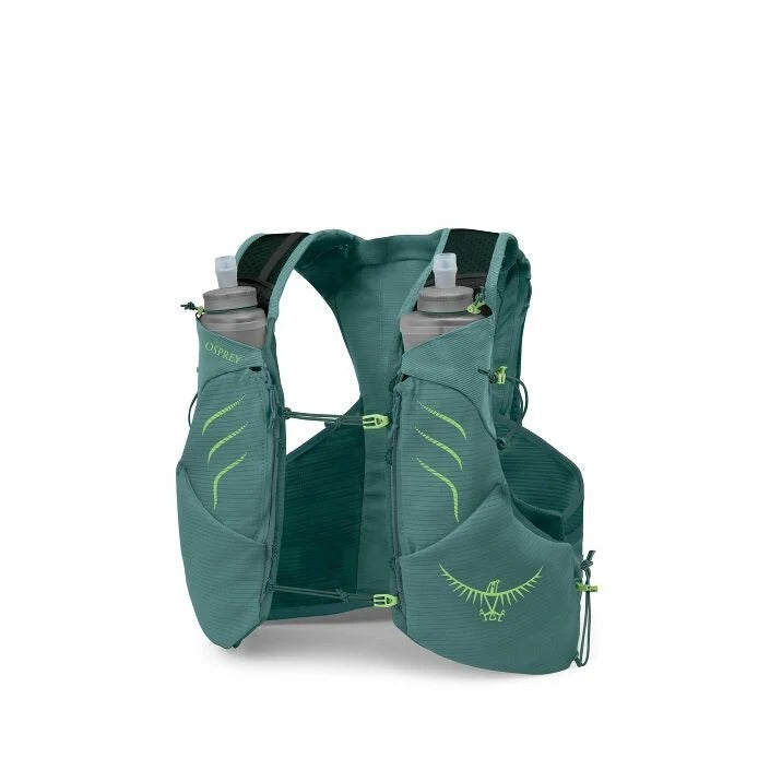 Cascade blue hydration vest with two bottle holders and front zip pocket