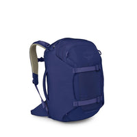 Blue 30L travel backpack with front organizer panel and adjustable shoulder straps