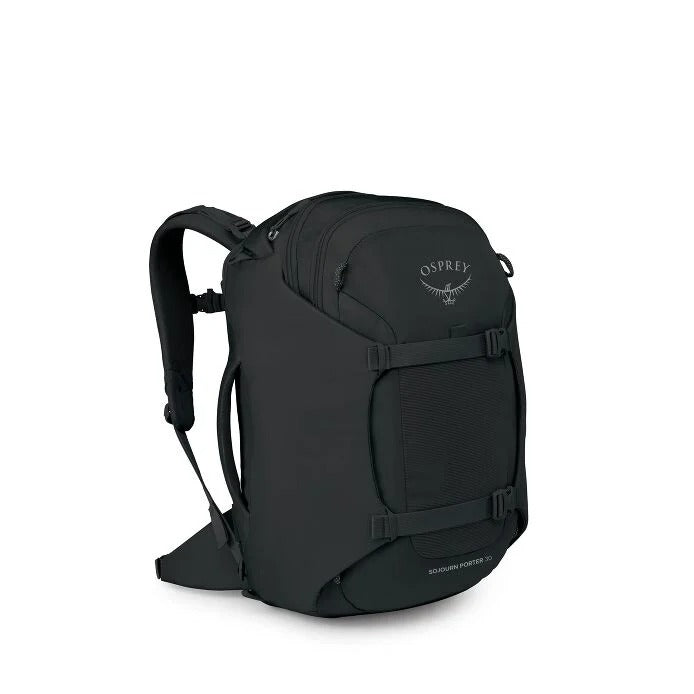 Black 30L travel backpack with OSPREY patch, padded back panel, and buckle straps