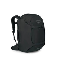 Black travel pack with webbed handle, side panel, and front padded storage compartment