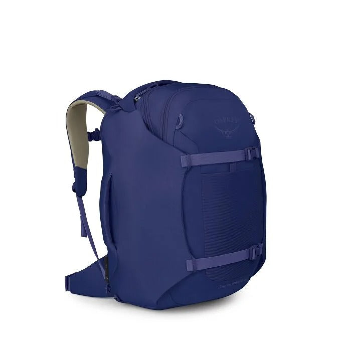 Deep blue travel backpack with front compression straps and padded back panel