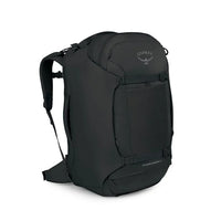 Black travel backpack with front panel straps and OSPREY logo, 65L capacity