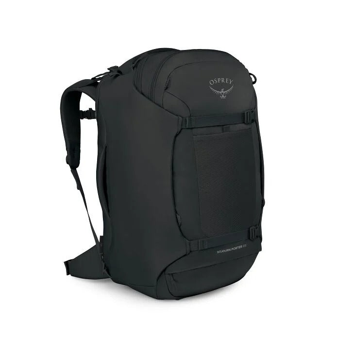 Black travel backpack with front panel straps and OSPREY logo, 65L capacity