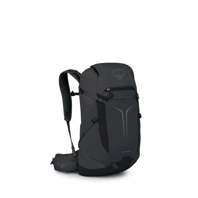 Black hiking backpack with front pocket and padded shoulder straps, side panel detail