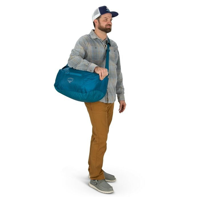 Ultralight stuff duffel bag, blue, held by top handle