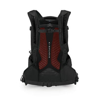 Black backpack with red air sacs on a white background