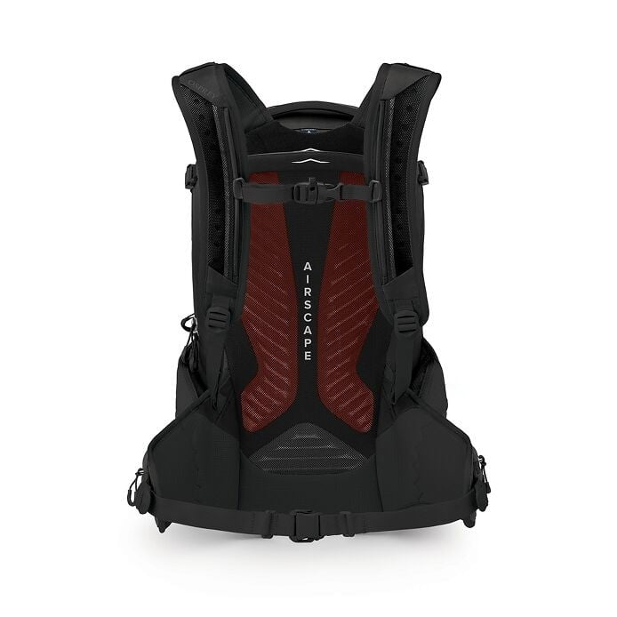 Black backpack with red air sacs on a white background