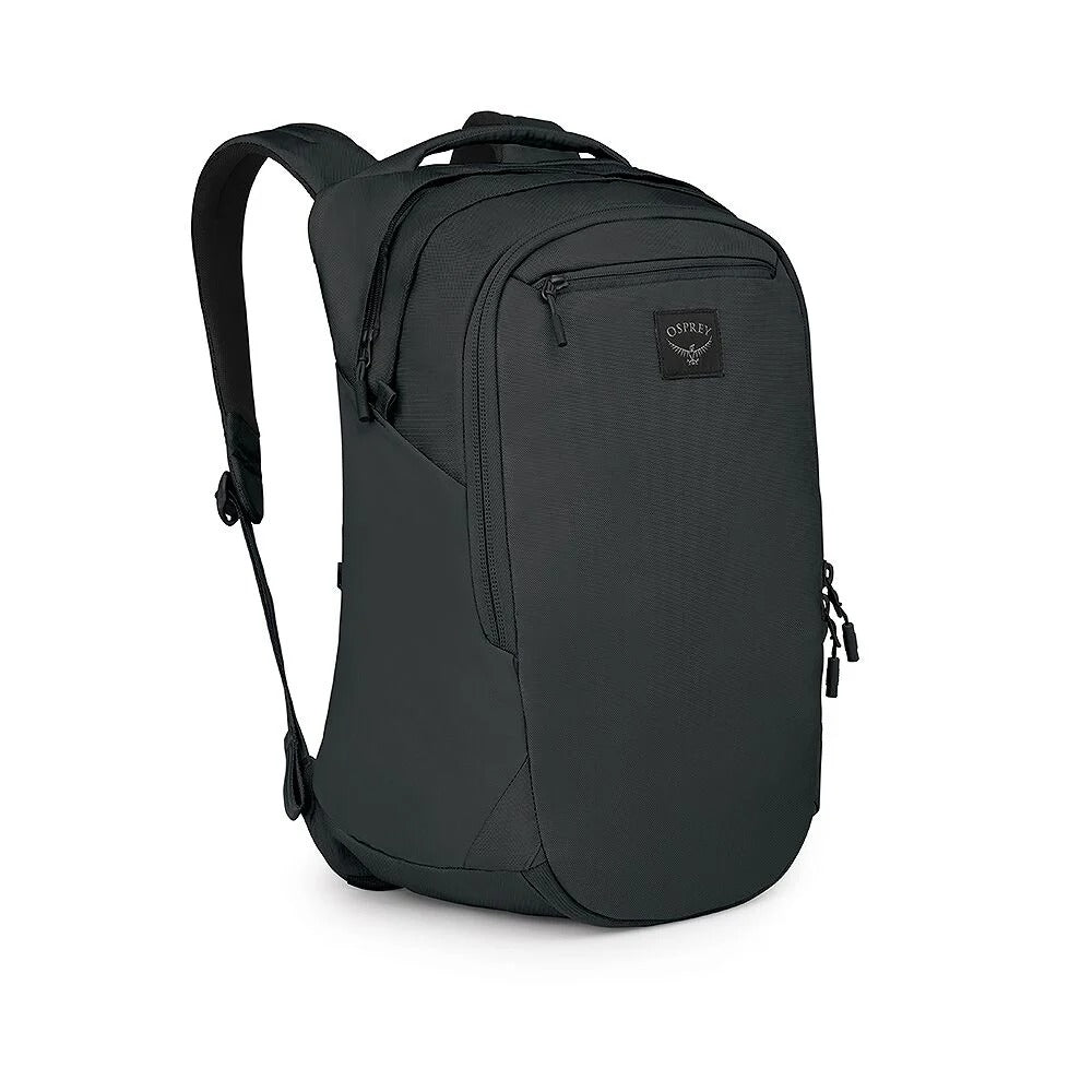 Black 21L backpack with front zip pocket, top handle and adjustable shoulder straps