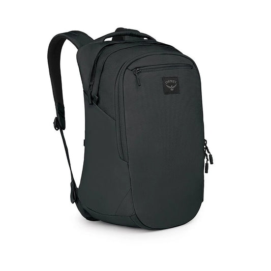 Black 21L backpack with front zip pocket, top handle and adjustable shoulder straps
