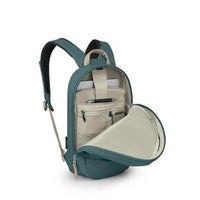 Teal backpack with open front pocket on a white background