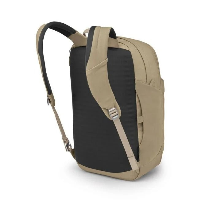 Black and beige backpack on a white background