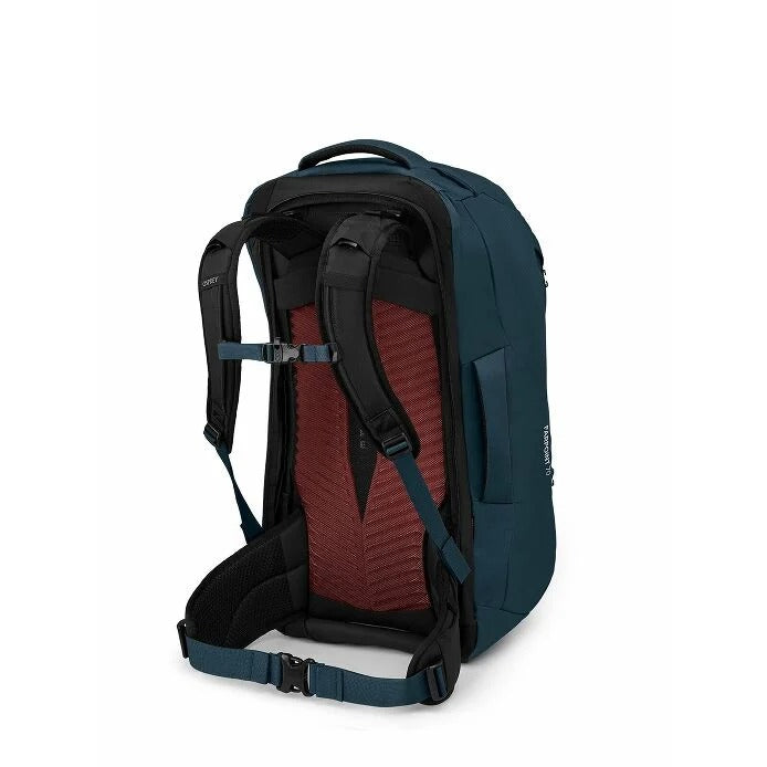 Backpack with red interior padding on a white background