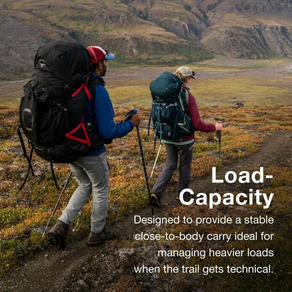 Two hikers with backpacks on a mountain trail, emphasizing load capacity.