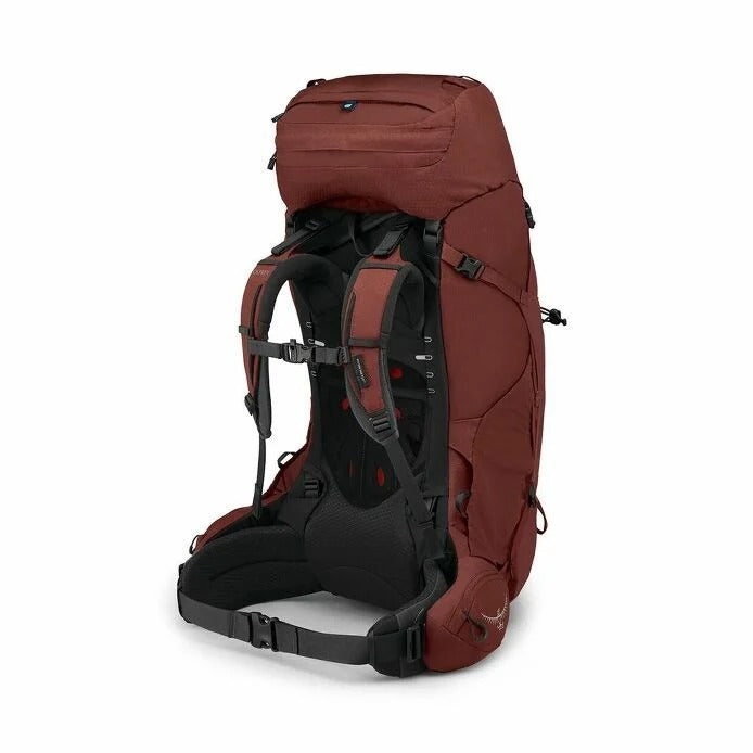 Red hiking backpack on a white background