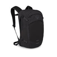 Black technical backpack with padded straps and front zip pocket