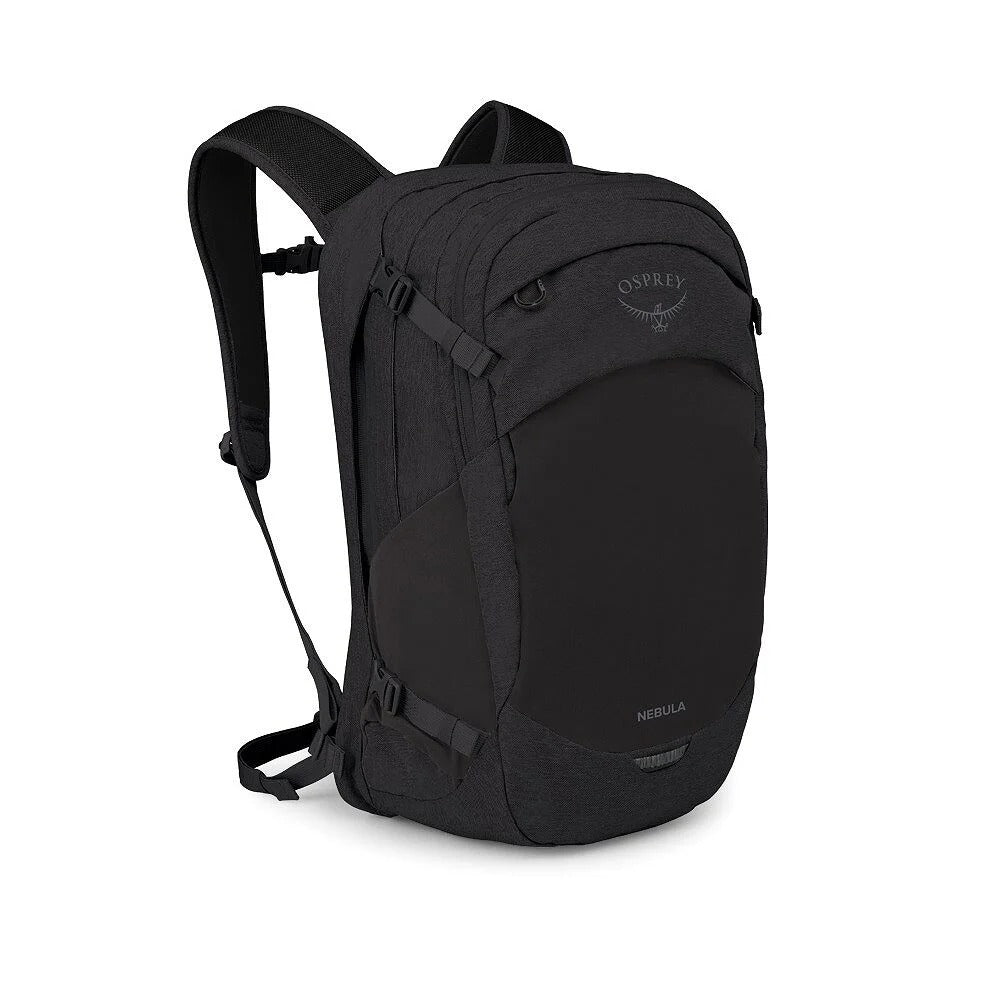 Black technical backpack with padded straps and front zip pocket