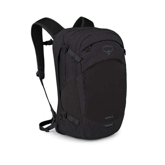 Black technical backpack with padded straps and front zip pocket