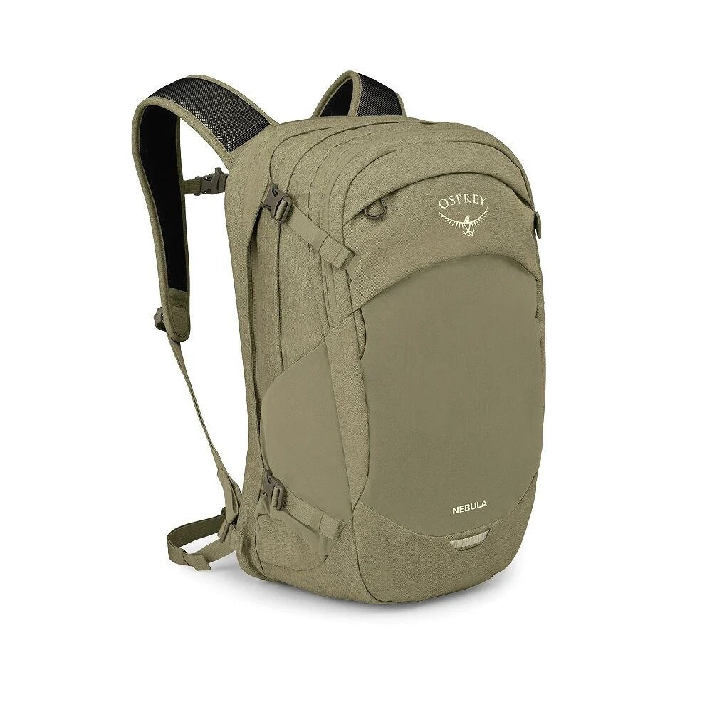 Olive tan technical backpack with padded straps and front zip pocket
