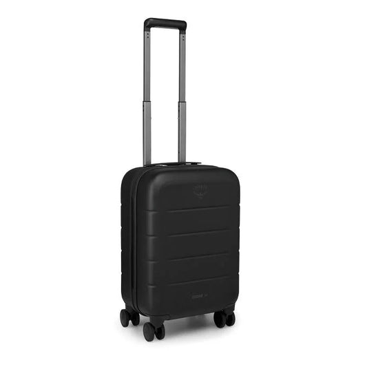 Black hardside carry-on suitcase with telescopic handle and four spinner wheels