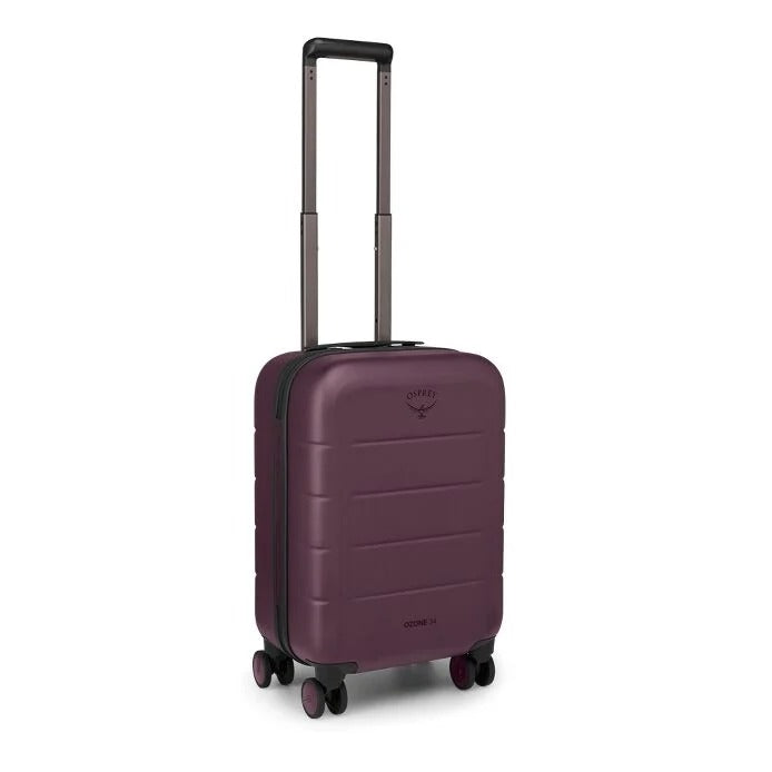 Burgundy hardside carry-on suitcase with telescopic handle and four spinner wheels