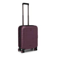 Moody burgundy hardside carry-on suitcase with upright handle and four spinner wheels
