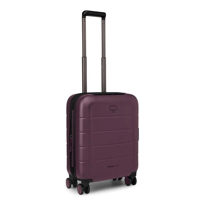 Moody burgundy hardside carry-on suitcase with upright handle and four spinner wheels