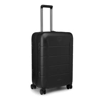 Black hardside 75L luggage with telescoping handle and four spinner wheels, front panel details.