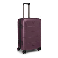 Moody burgundy hardside 75L luggage with telescoping handle and four spinner wheels, front panels.