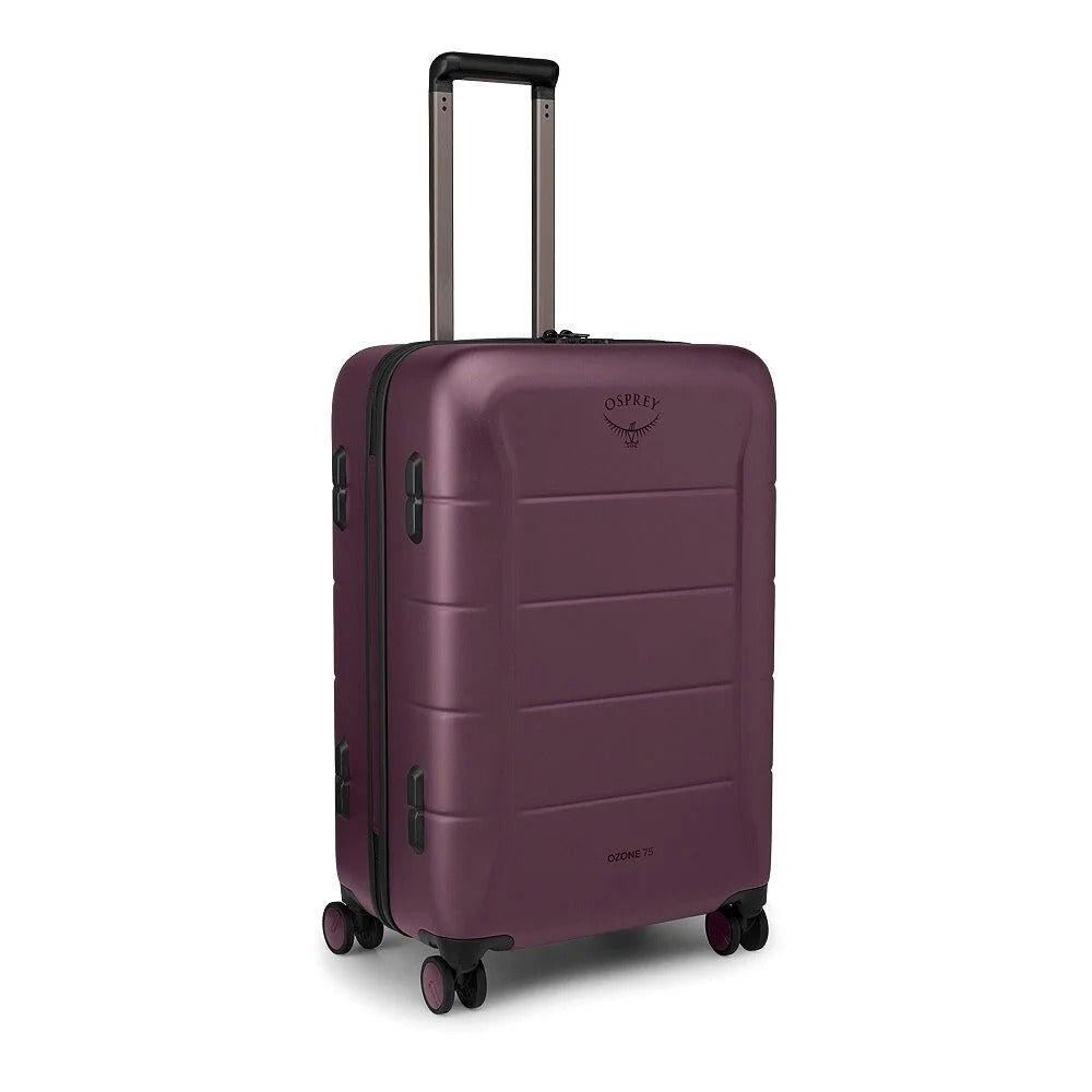 Moody burgundy hardside 75L luggage with telescoping handle and four spinner wheels, front panels.