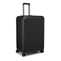 Black hardside suitcase with telescoping handle and spinner wheels