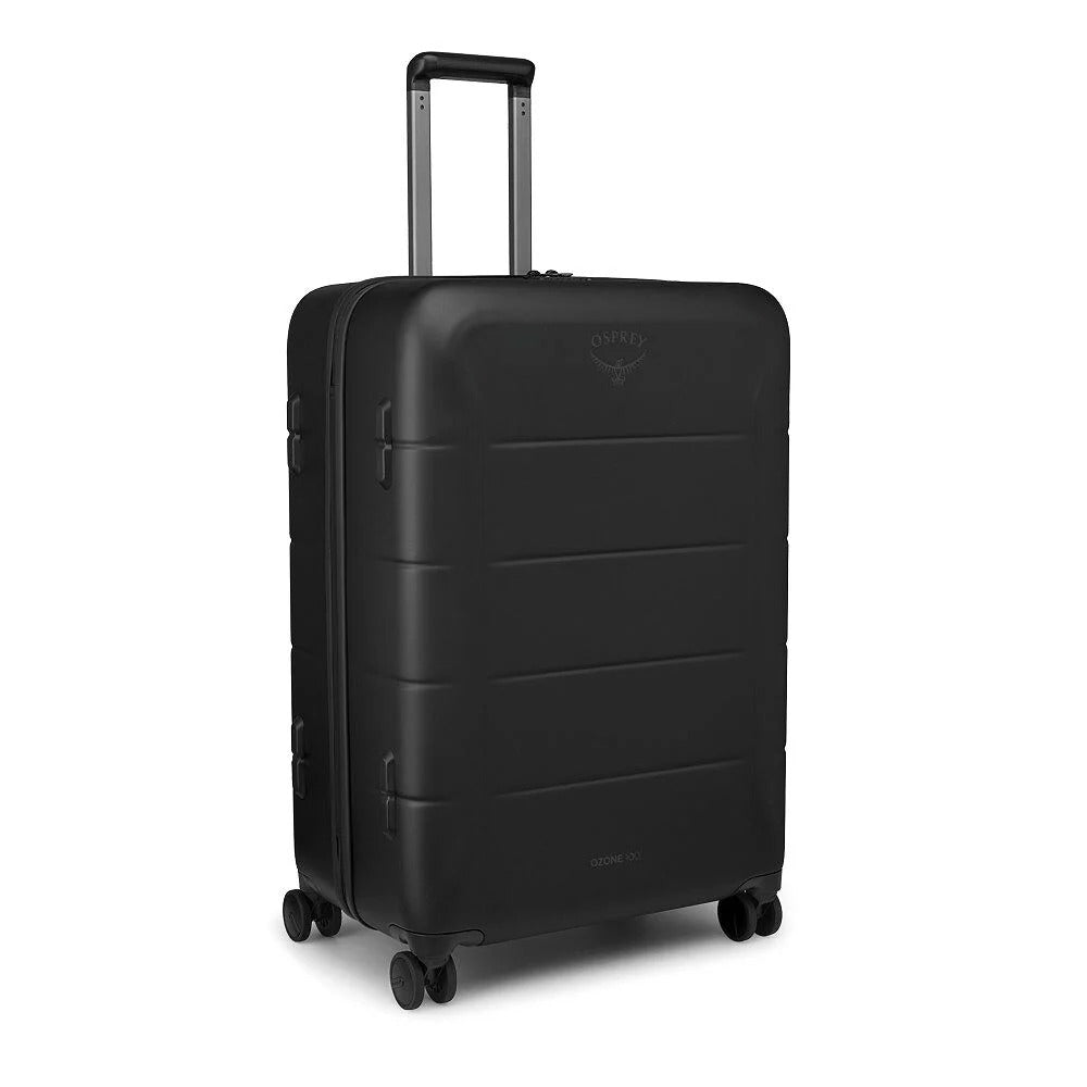 Black hardside suitcase with telescoping handle and spinner wheels