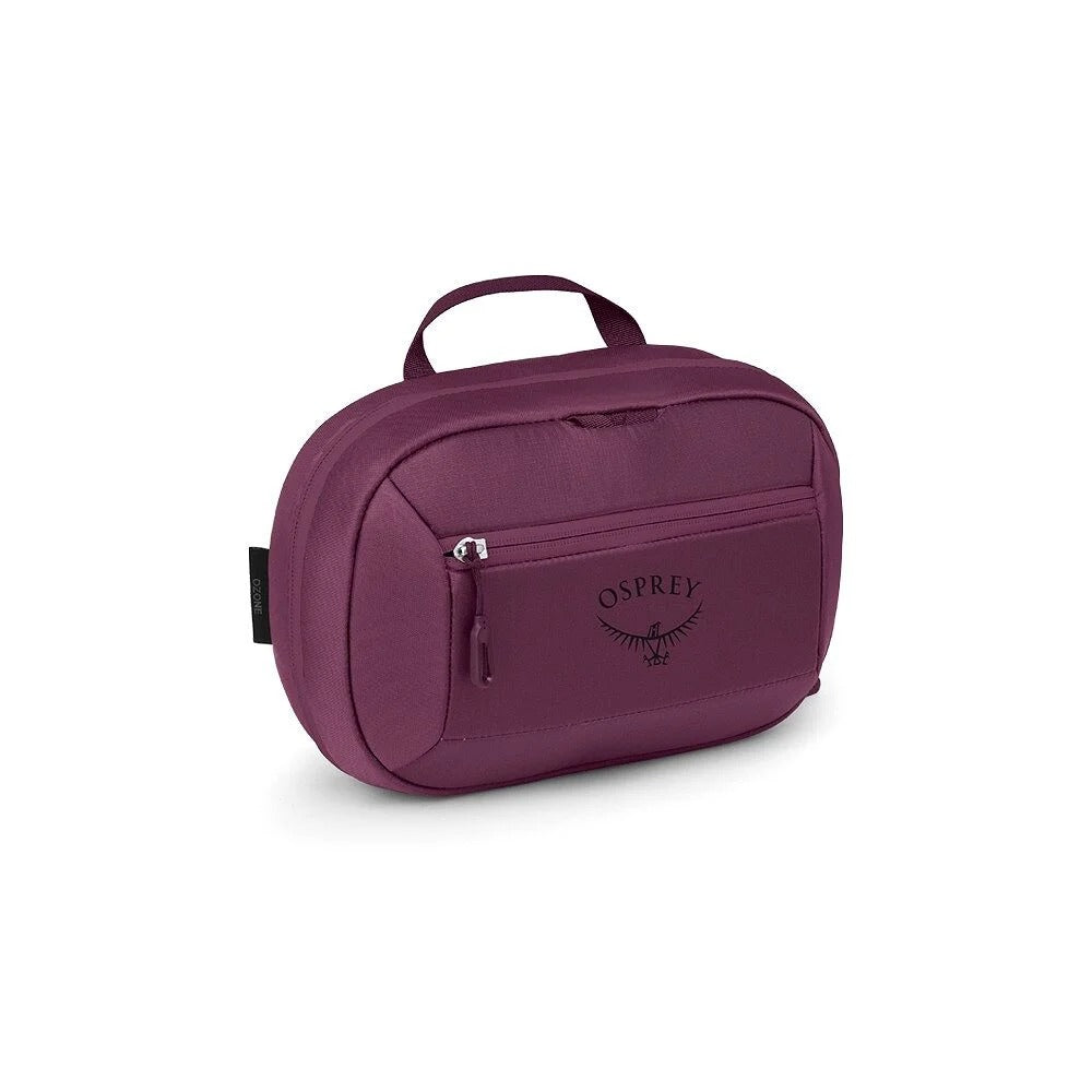Large toiletry bag in moody burgundy with top handle, front zip pocket, and OSPREY logo.