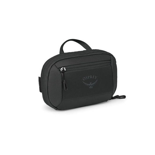 Small Osprey travel sling bag, black with front zip pocket and side handle