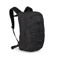 Black backpack with front zip pocket, bungee cords, and padded shoulder straps