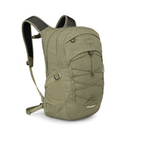 Olive tan backpack with front zip pocket, bungee cords, and padded shoulder straps