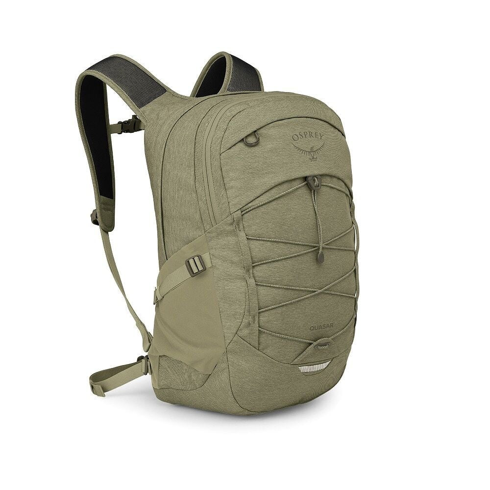 Olive tan backpack with front zip pocket, bungee cords, and padded shoulder straps