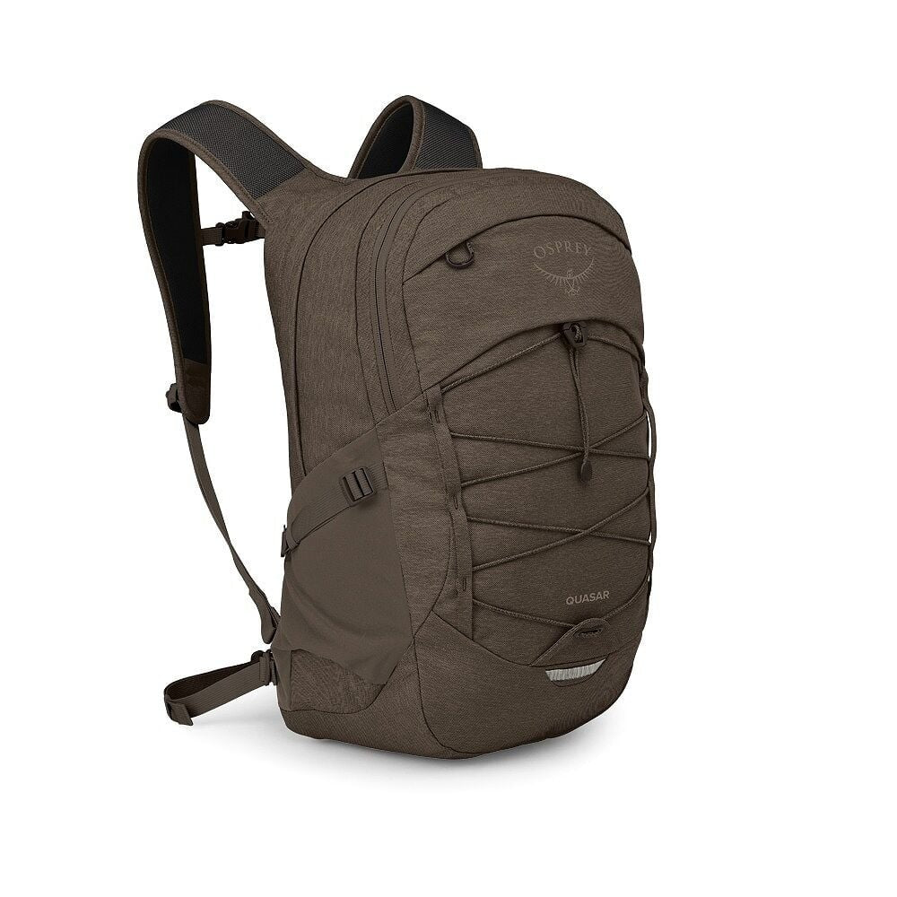 Truffle brown backpack with front zip pocket, bungee cords, and padded shoulder straps