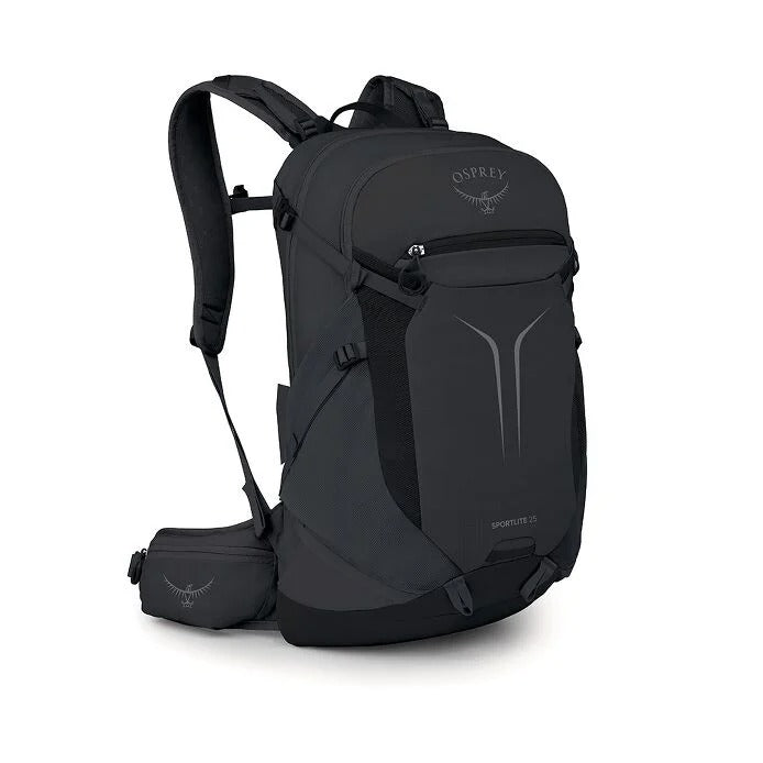 Black hiking backpack with front zip pocket and adjustable shoulder straps