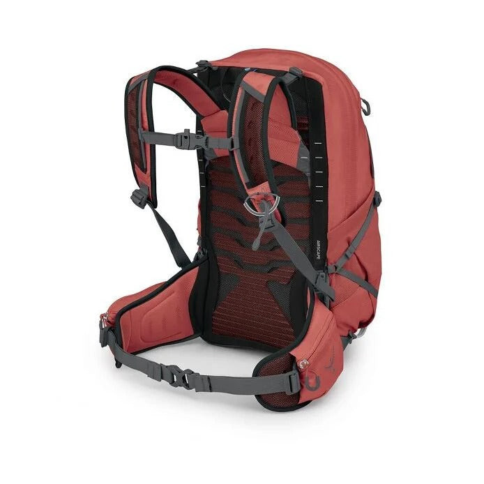 Red hiking backpack with black straps on a white background