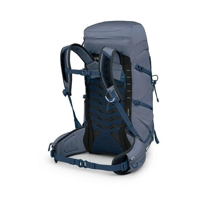 Gray hiking backpack with black straps on a white background