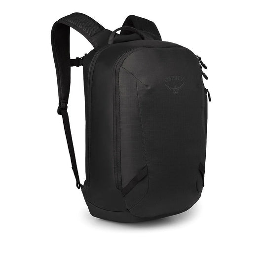 Raven Black panel loader backpack, front pocket with OSPREY logo and padded straps