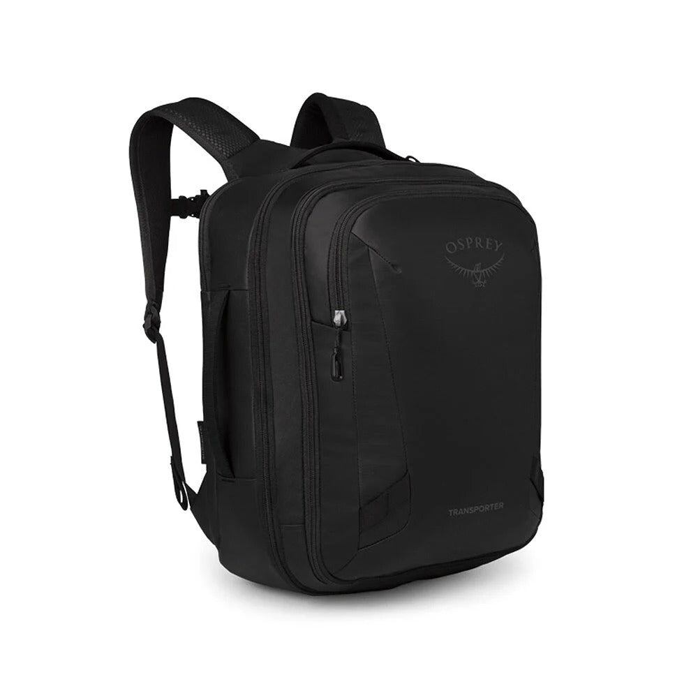Black expandable travel backpack with front zip pocket, compartments, and shoulder straps
