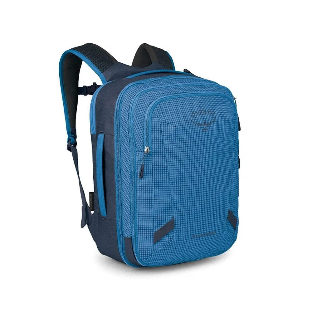 Blue expandable travel backpack with front zip pocket and padded shoulder straps