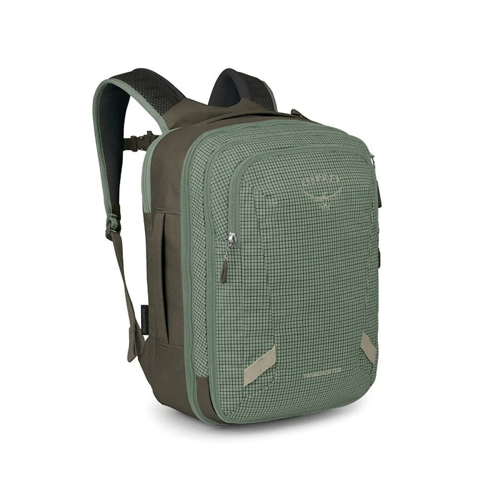Green expandable travel backpack with front zip pocket and padded shoulder straps